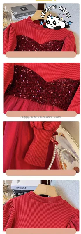 LEZONKIDS - Customizable Autumn Girls' Dress Pit Cloth Long-Sleeved Bow Sequin Shaggy Mesh Gauze Princess Dress